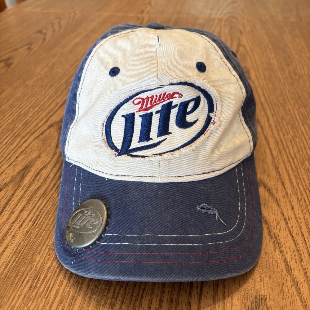 Miller Lite Beer Hat Adjustable Blue White‎ Distressed Cap w/ Bottle Opener
